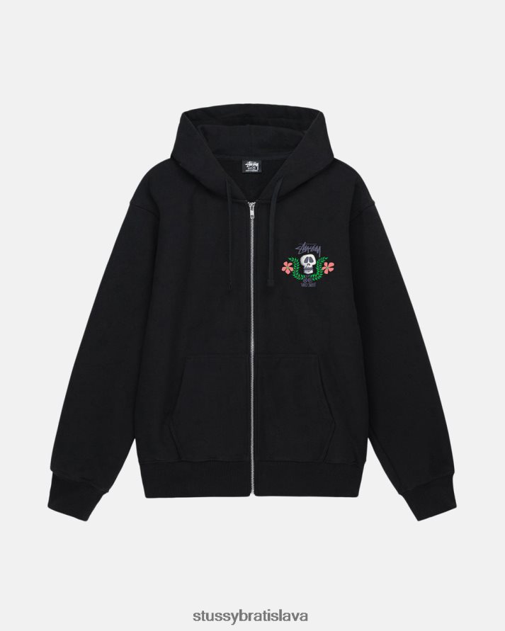 potí sa čierna unisex STUSSY mikina na zips s lebkou V6222Z174